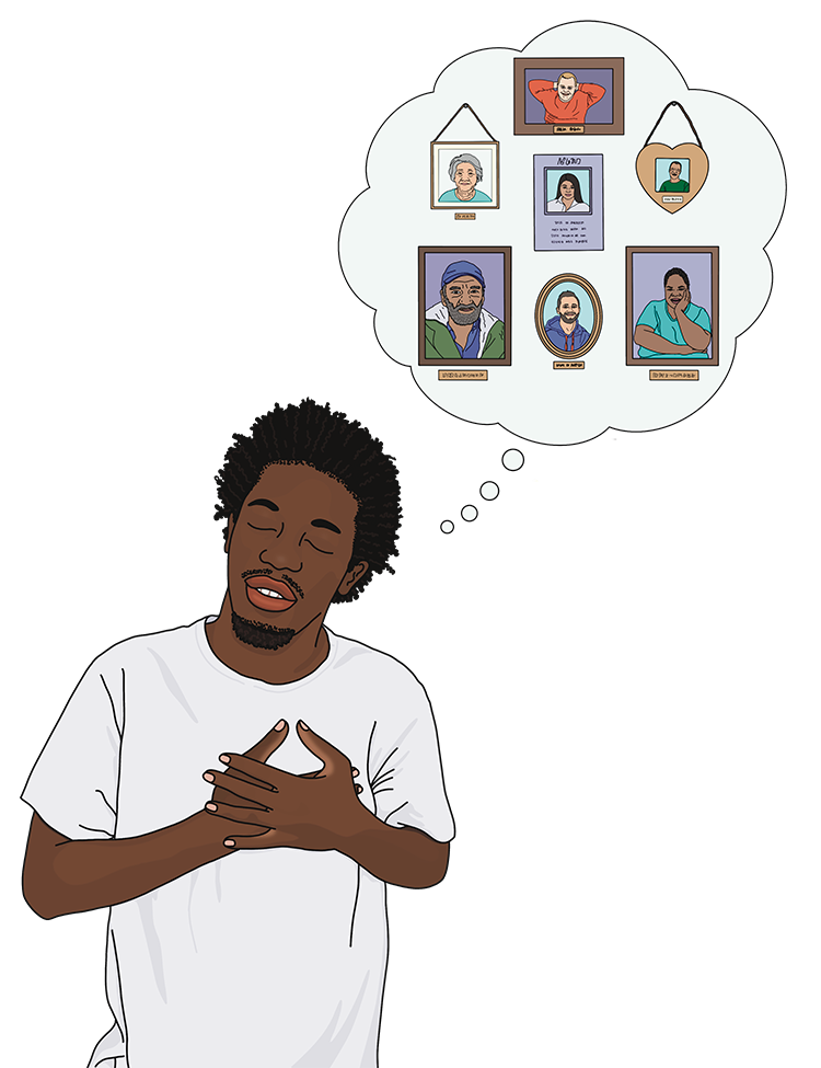 A drawing of a young black man. His eyes are closed and his hands are over his heart. He has a thought bubble containing pictures of people who have died.